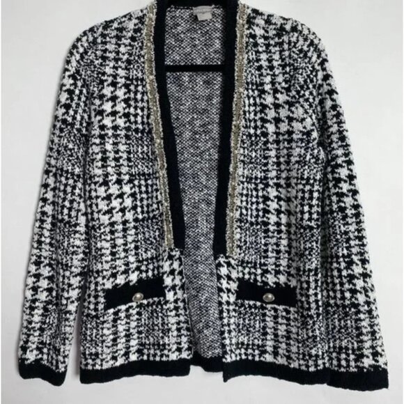 Cicos Women’s Cardigan Sweater Sz 0 Black White Houndstooth Open Front Tweed - Picture 11 of 12
